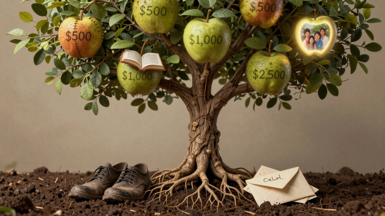 A tree with scholarship award fruits growing from essays and personal stories, rooted in hard work.