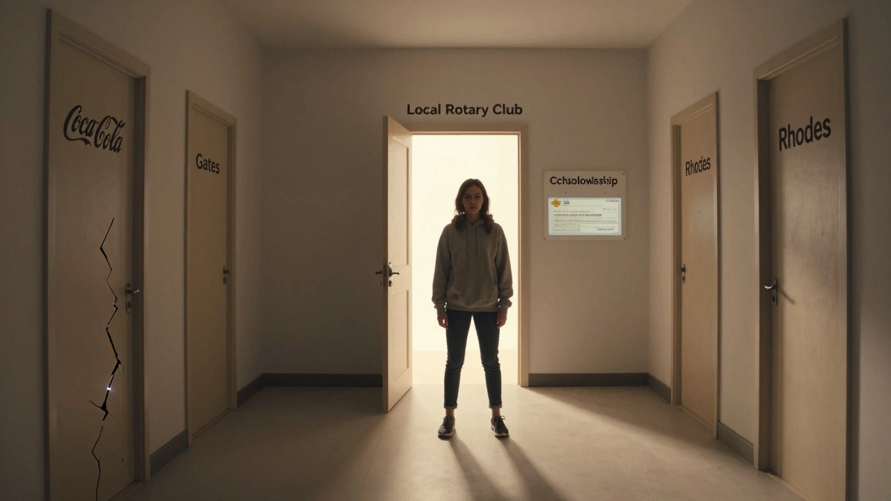 A young woman standing before large faded scholarship doors, with a small glowing door behind her.