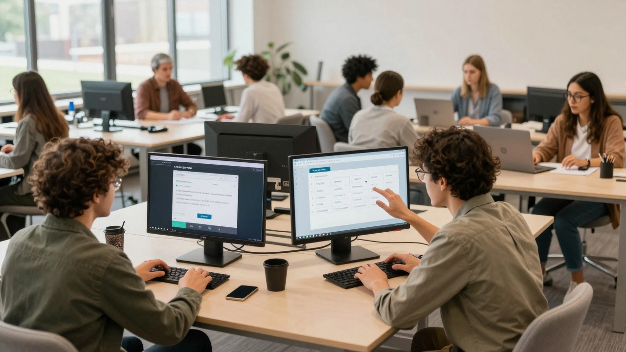 Adult learners in a learning center choosing their own pace and methods, each engaged in personalized learning paths.