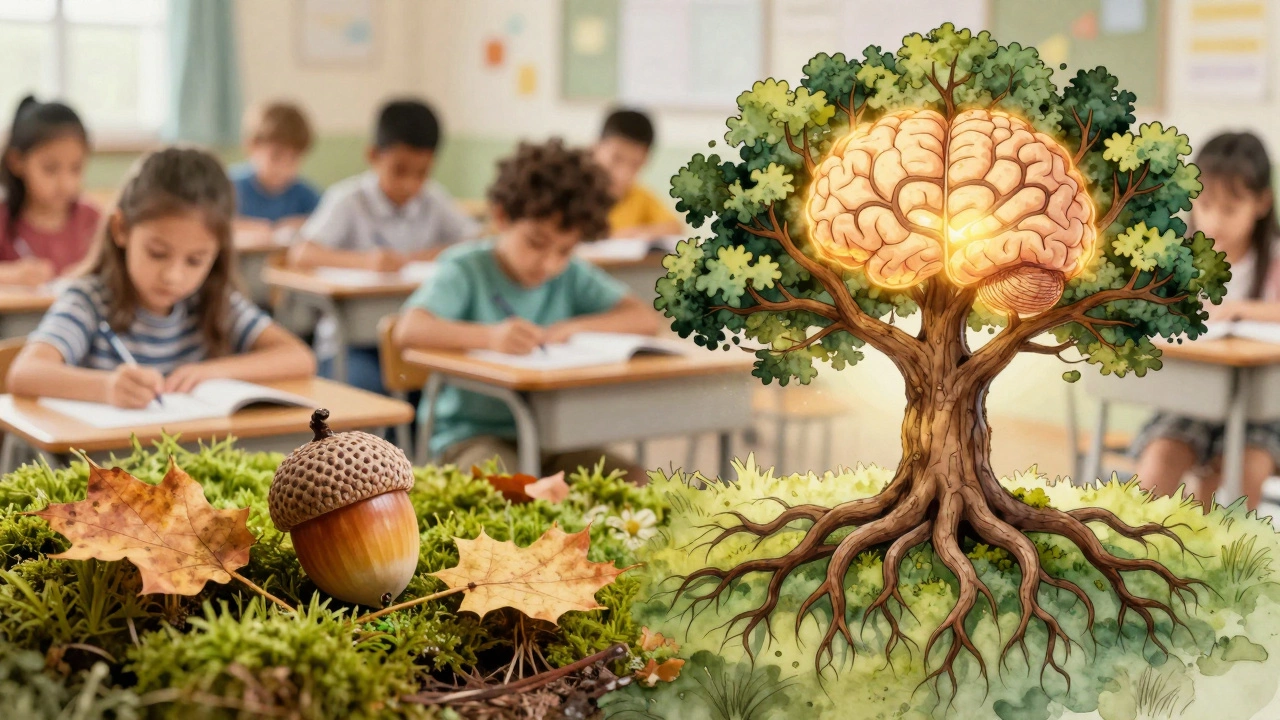 An acorn growing into an oak tree with brain-like roots, symbolizing quiet autistic potential and hidden strength.