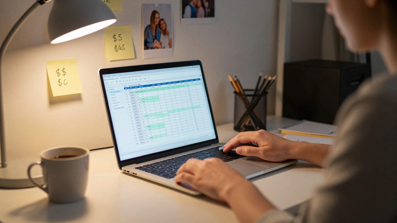 An adult learner building a personal budget on a laptop at night, surrounded by family photos and coffee.