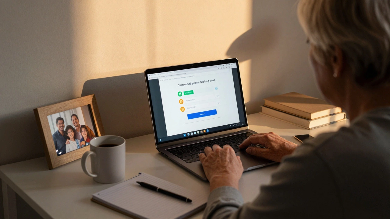 An adult learner working at home at dusk with a laptop showing course feedback.