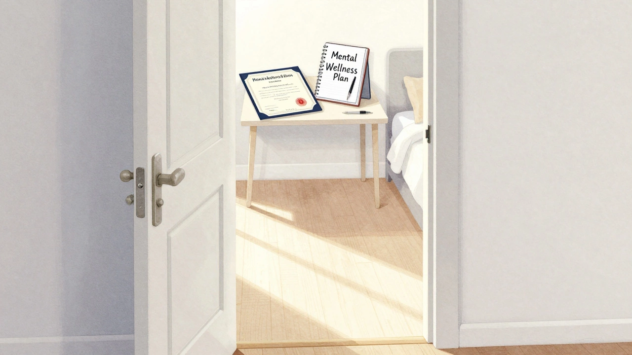 An open door leading to a study space with a degree certificate on the desk.
