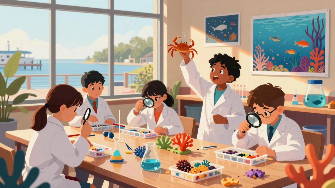 Children conducting marine biology experiments at the Virginia Aquarium summer STEM camp.