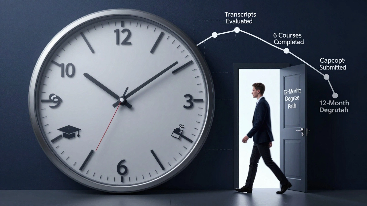 Clock with academic symbols spinning rapidly as a person walks through a fast-track degree door.