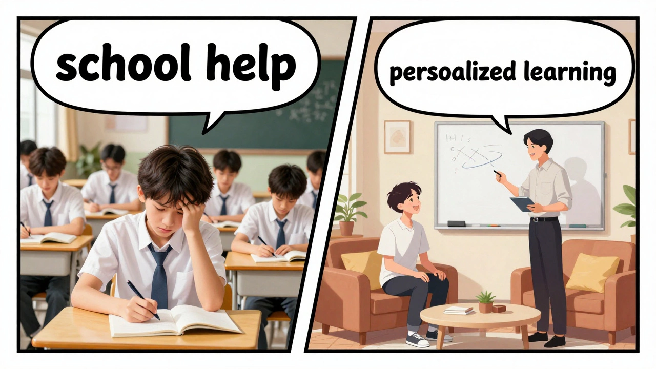 Comic-style contrast between school assistance and personalized tutoring.