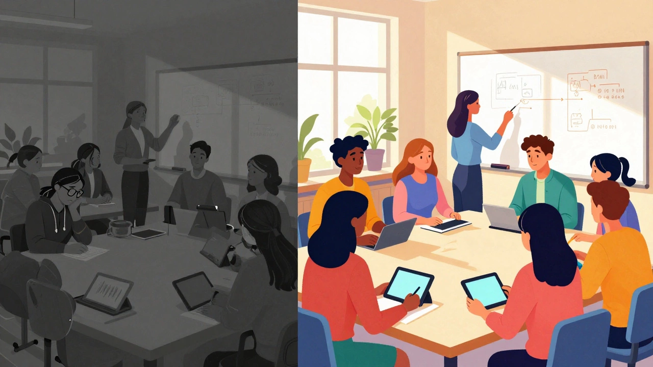 Contrasting scenes: passive classroom vs. active adult learners solving real problems.