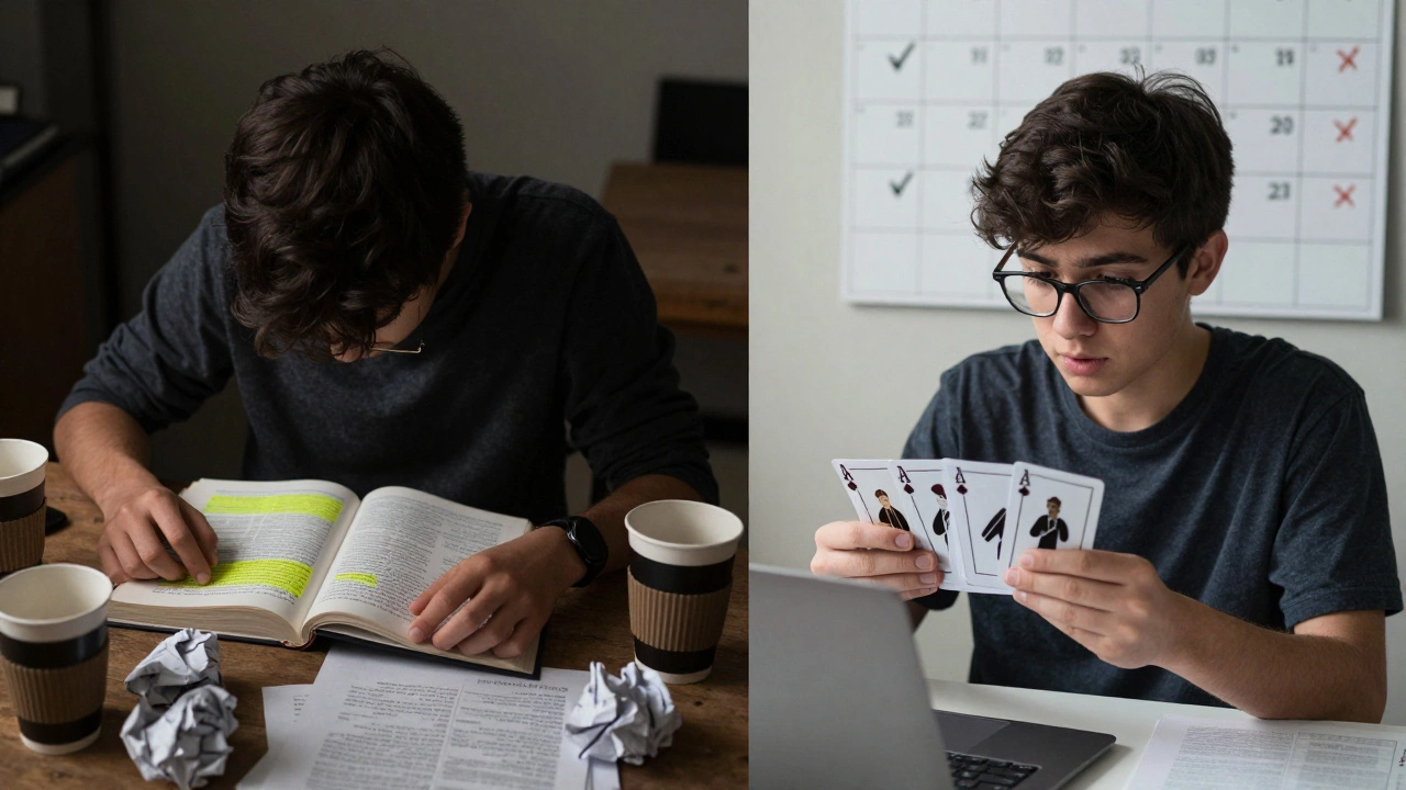 Contrasting study methods: one student highlighting a textbook versus another using flashcards.