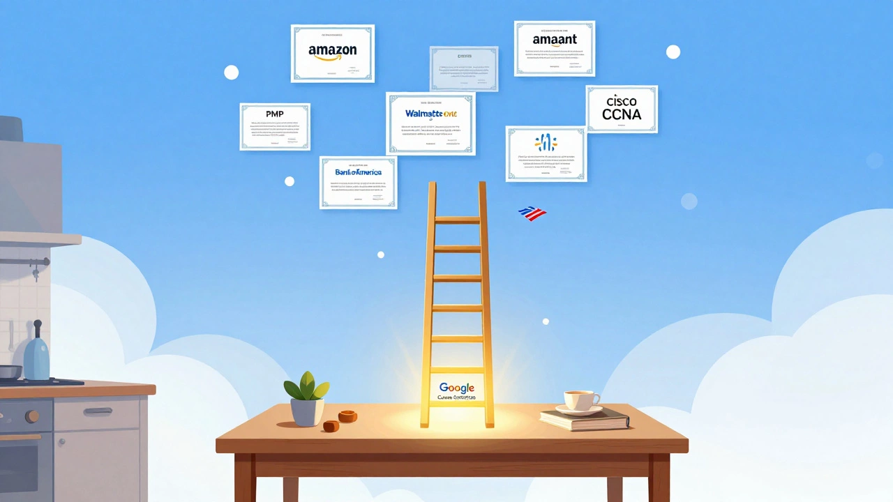 Digital certificate ladder rising from a kitchen table to job offers from major companies.