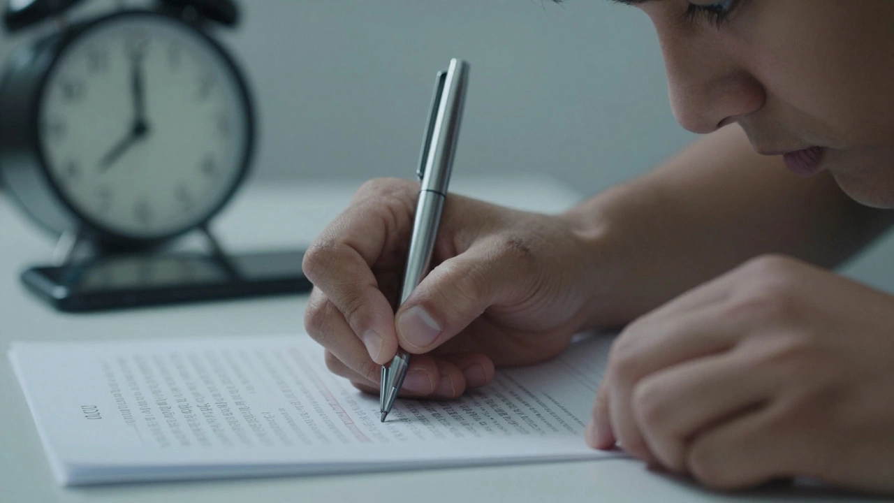 Hands holding a pen over an exam paper, phone face-down on the desk, clock visible in background.