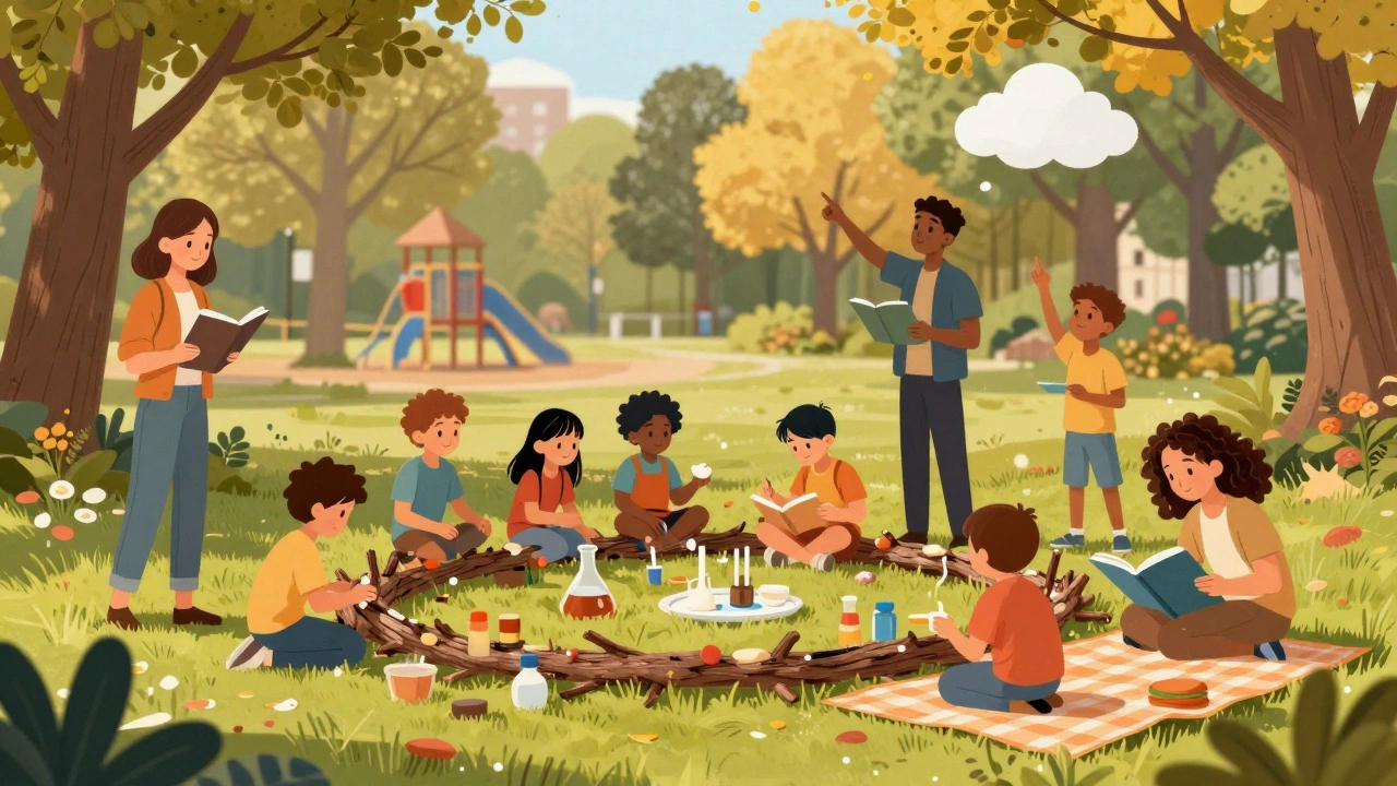 Homeschooling families in a park conducting science experiments and reading under trees.