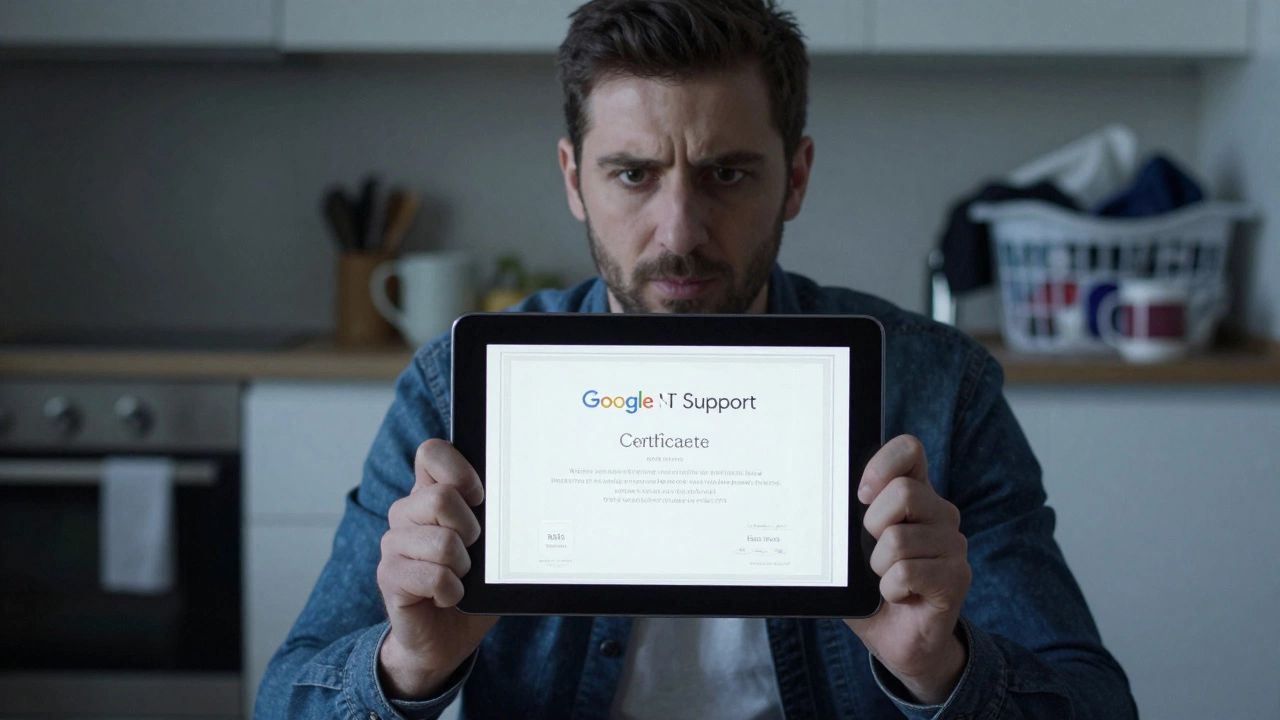 Man holding tablet showing Google IT Support certificate in his kitchen with soft morning light.