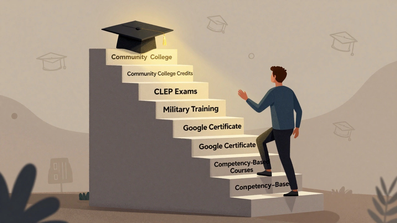 Person climbing a staircase of stacked academic credentials toward a graduation cap.
