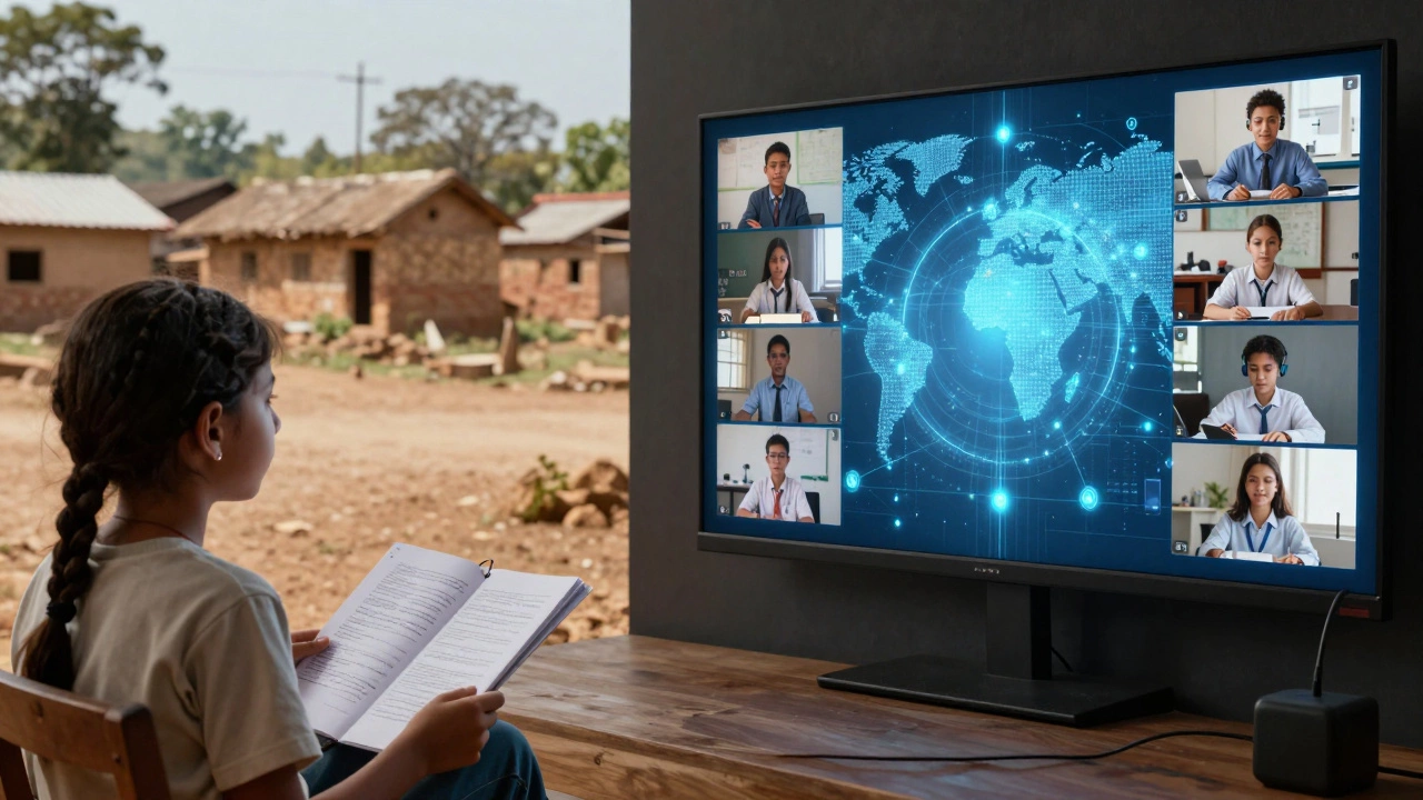 Split image: child listening to radio lessons in a village and a global virtual classroom on a screen.