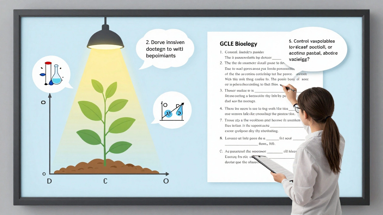 Student analyzing a biology exam question with visual elements of photosynthesis experiment and scientific concepts.