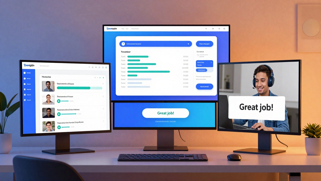 Student interacting with an online learning platform featuring quizzes, progress tracking, and video lessons.