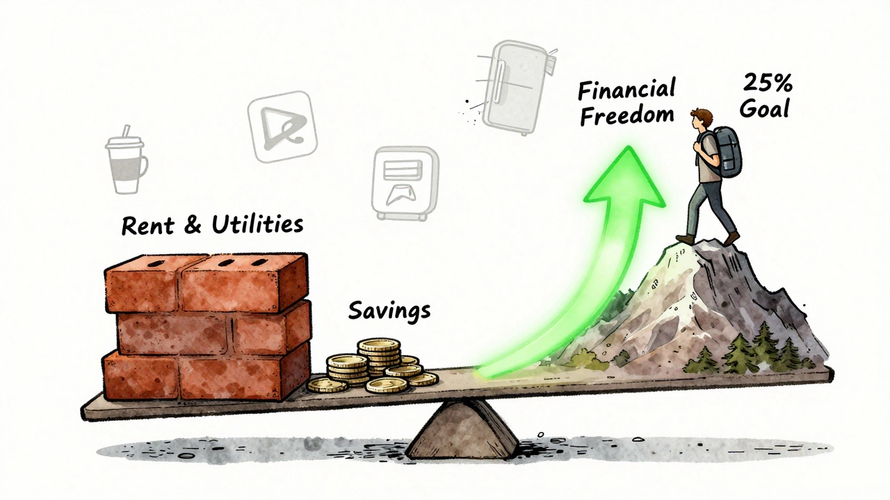 A balance scale with heavy housing costs on one side and a path to financial freedom on the other, illustrated in watercolor.