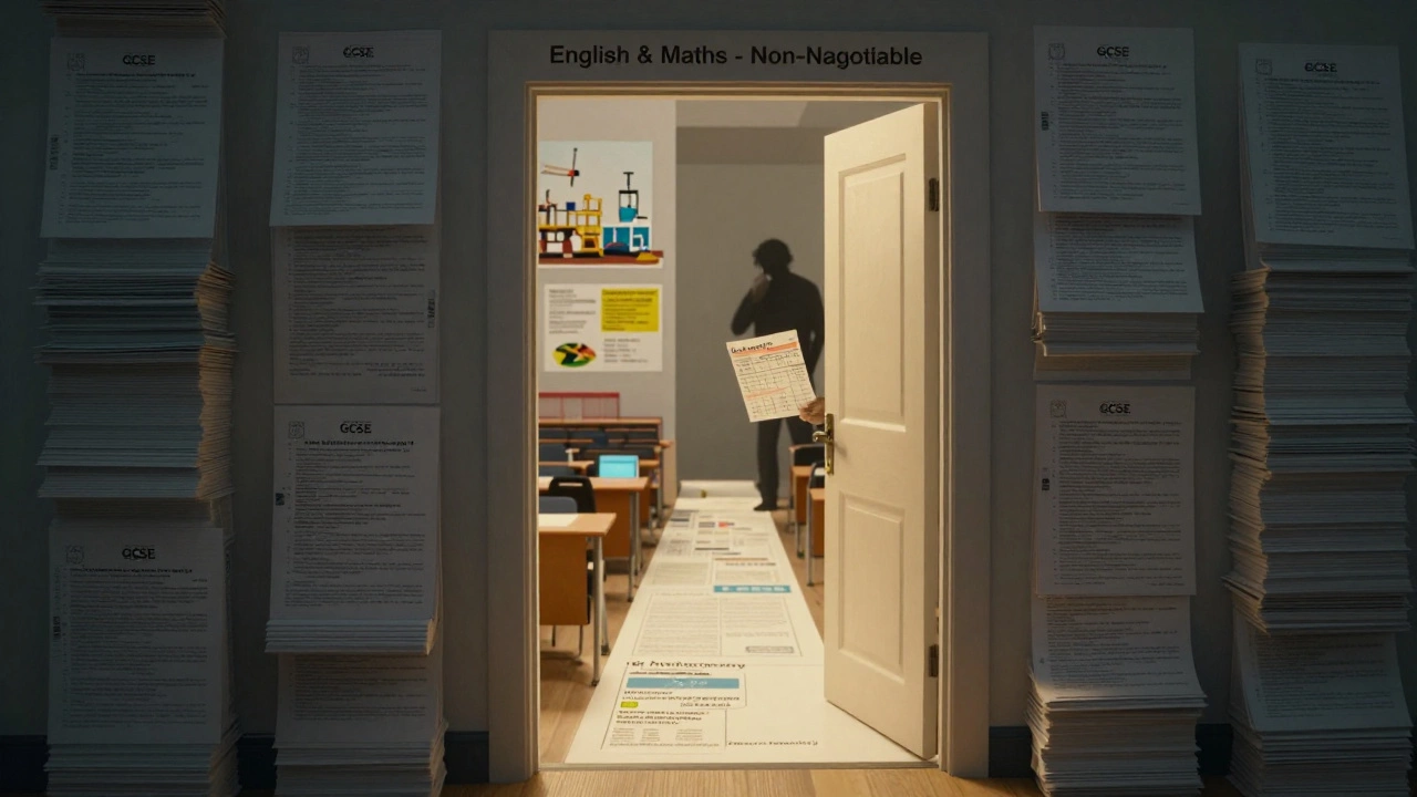 A door made of exam papers opens to future careers, symbolizing the importance of passing core GCSEs.