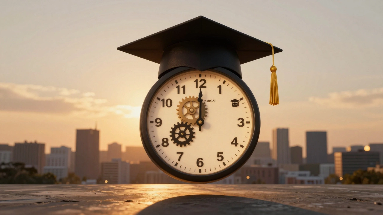 A graduation cap shaped like a clock with icons of fast Master's degrees inside.