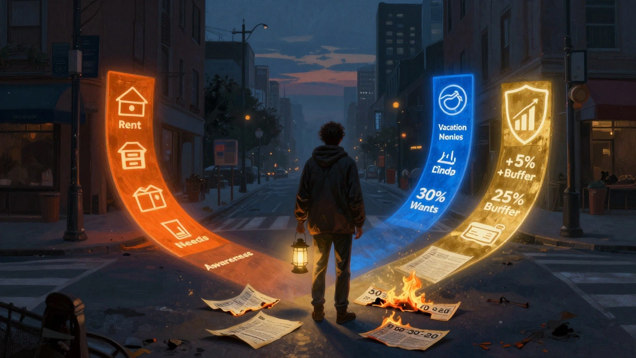 A person at a crossroads in a city, choosing between needs, wants, and financial goals under a glowing lantern of awareness.