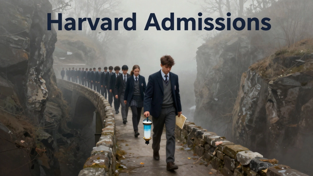 A single student with a homemade invention crossing a bridge to Harvard while hundreds of others fade into fog.