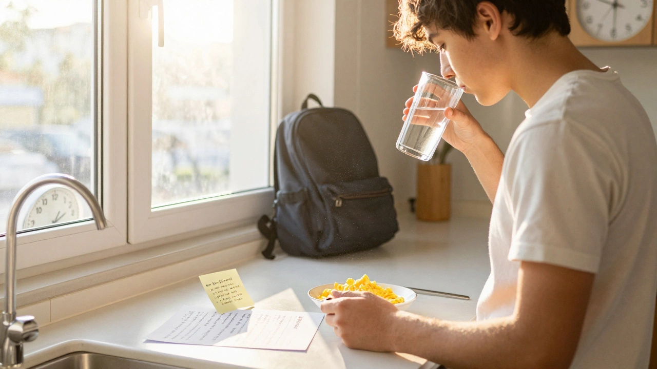 A student reviewing flashcards in a sunlit kitchen with breakfast and water nearby.