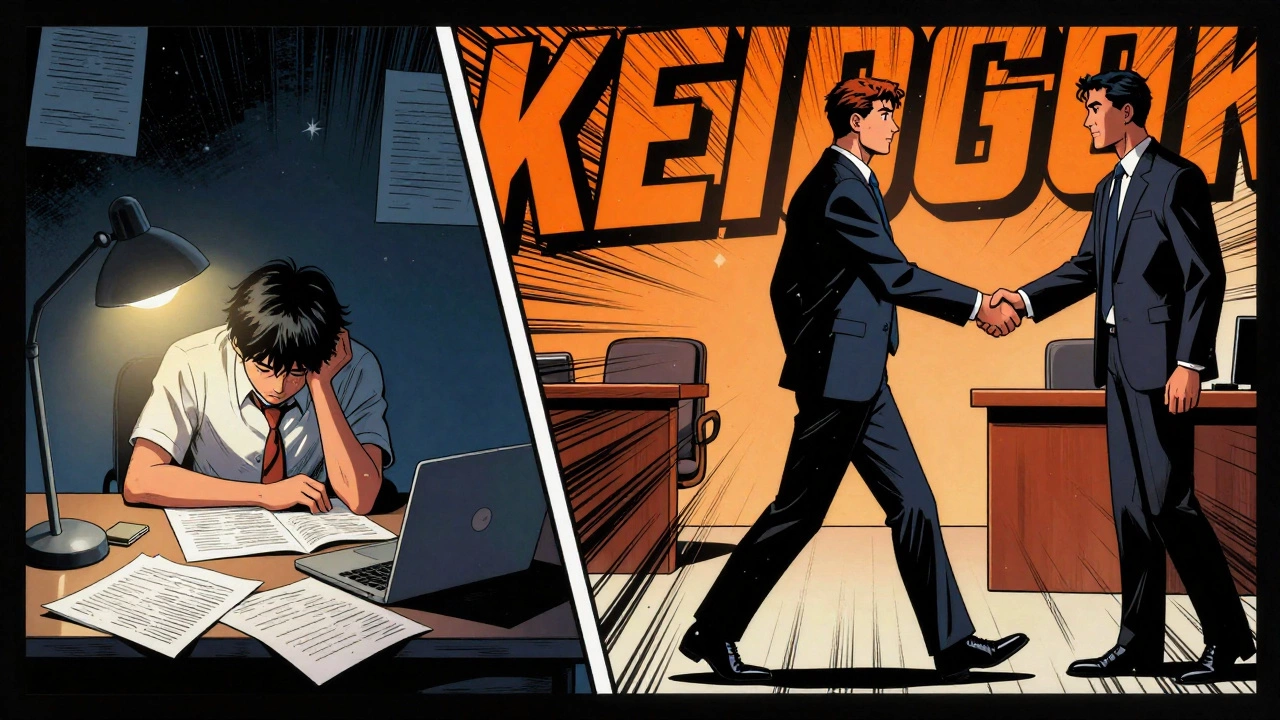 A student transforming from exhausted learner to confident professional in a comic-style split scene.