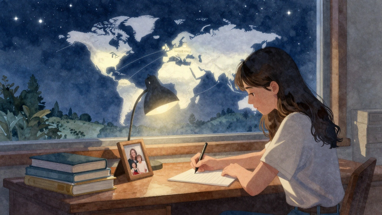 A student writing a scholarship essay by lamplight, with a world map glowing softly outside the window.