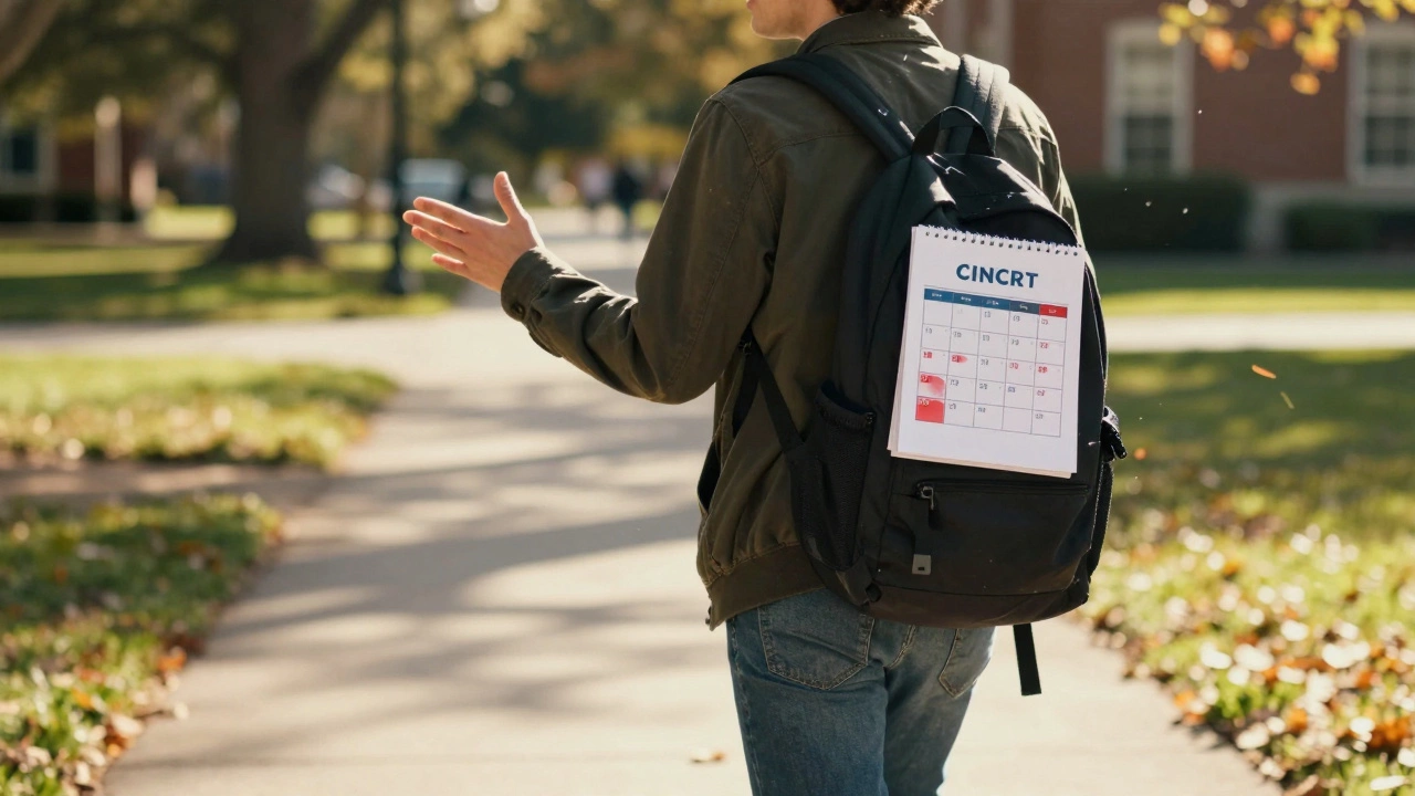 Person walking and gesturing while studying, calendar showing review dates.