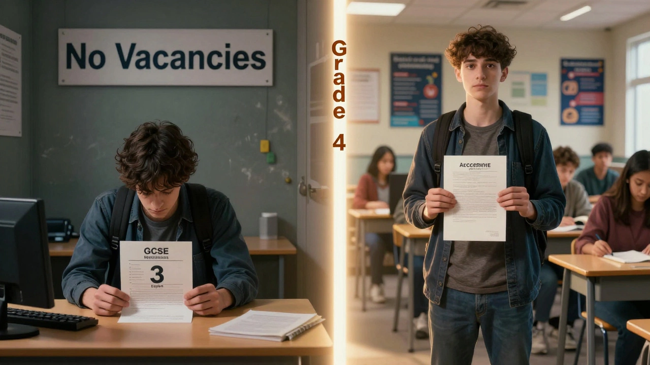 Split image: one side shows disappointment with low GCSE grades, the other shows confidence with college acceptance.