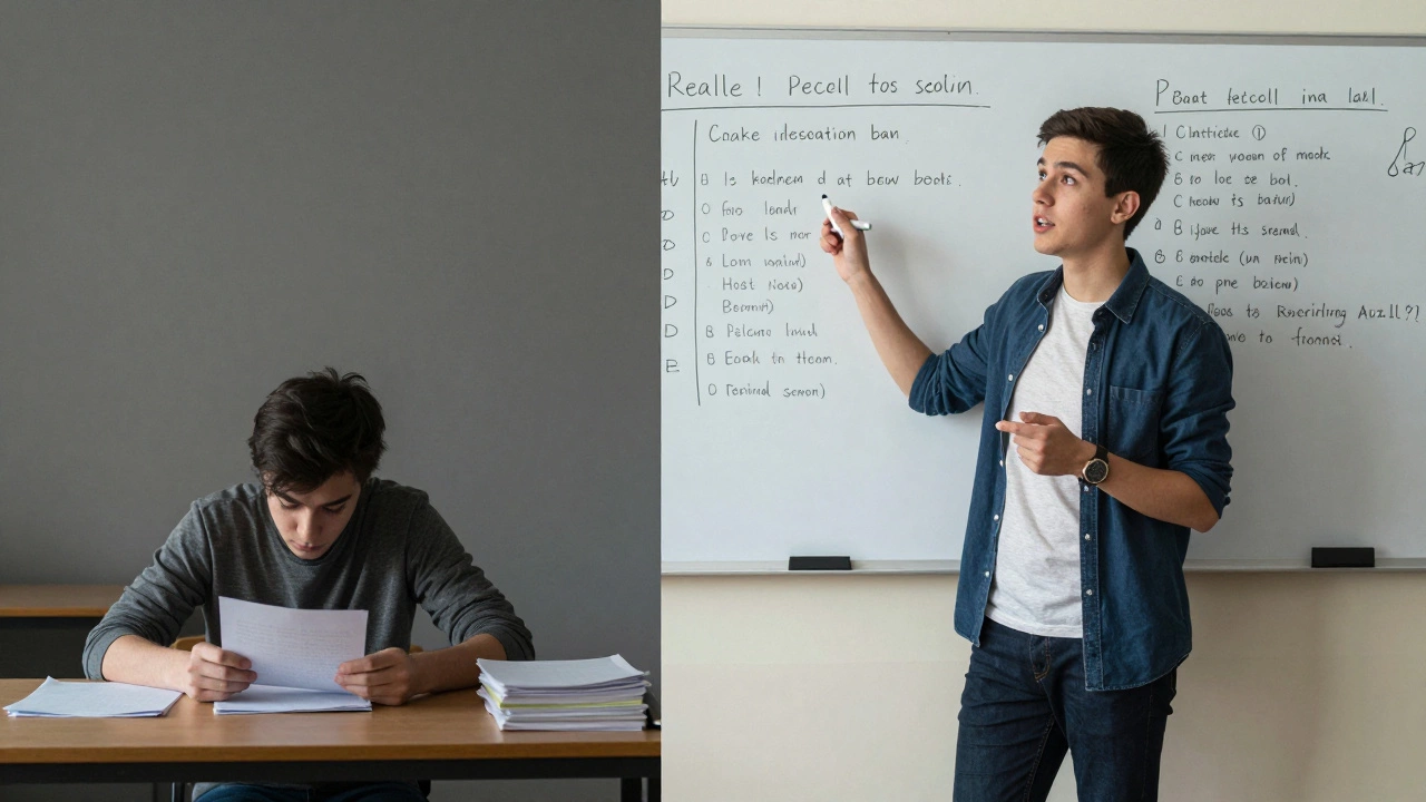 Split scene: one student passively reading, another actively explaining concepts aloud.