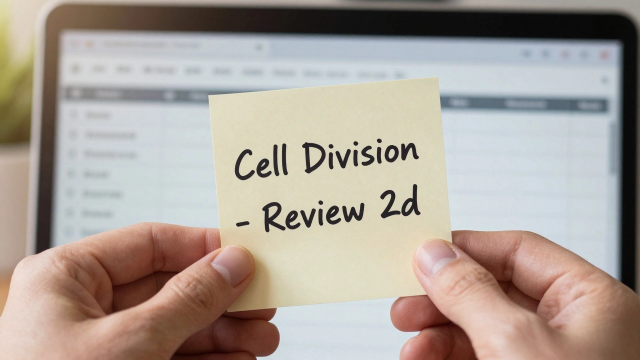 Sticky note with review reminder pinned to a laptop screen in morning light.