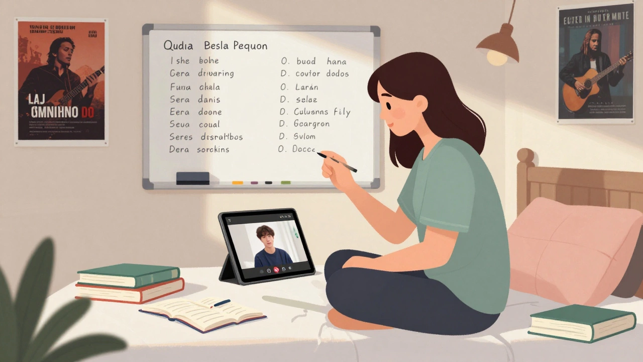 Student tutoring Spanish online from her dorm room using a tablet with a student in another country.