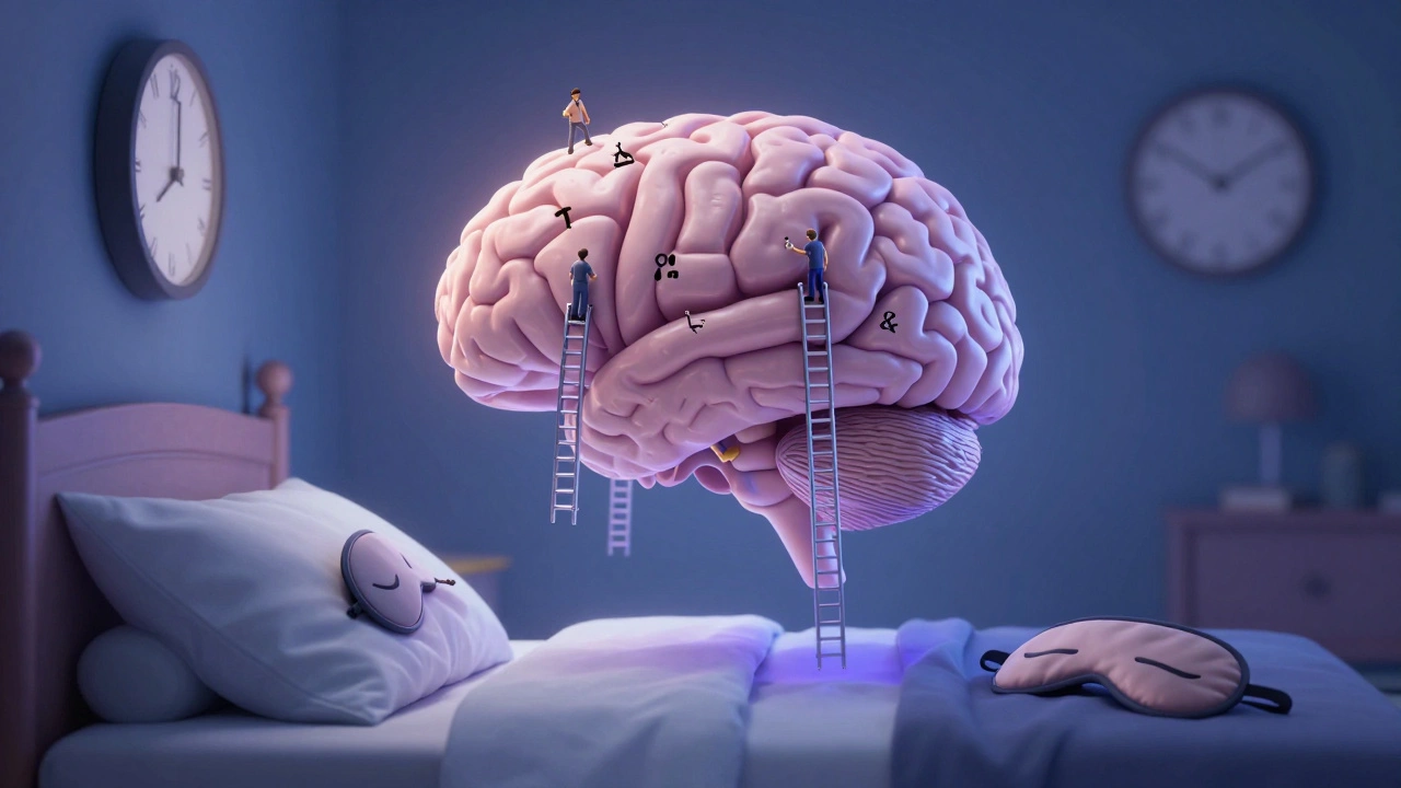 Surreal brain with facts climbing mnemonics into its folds at night.