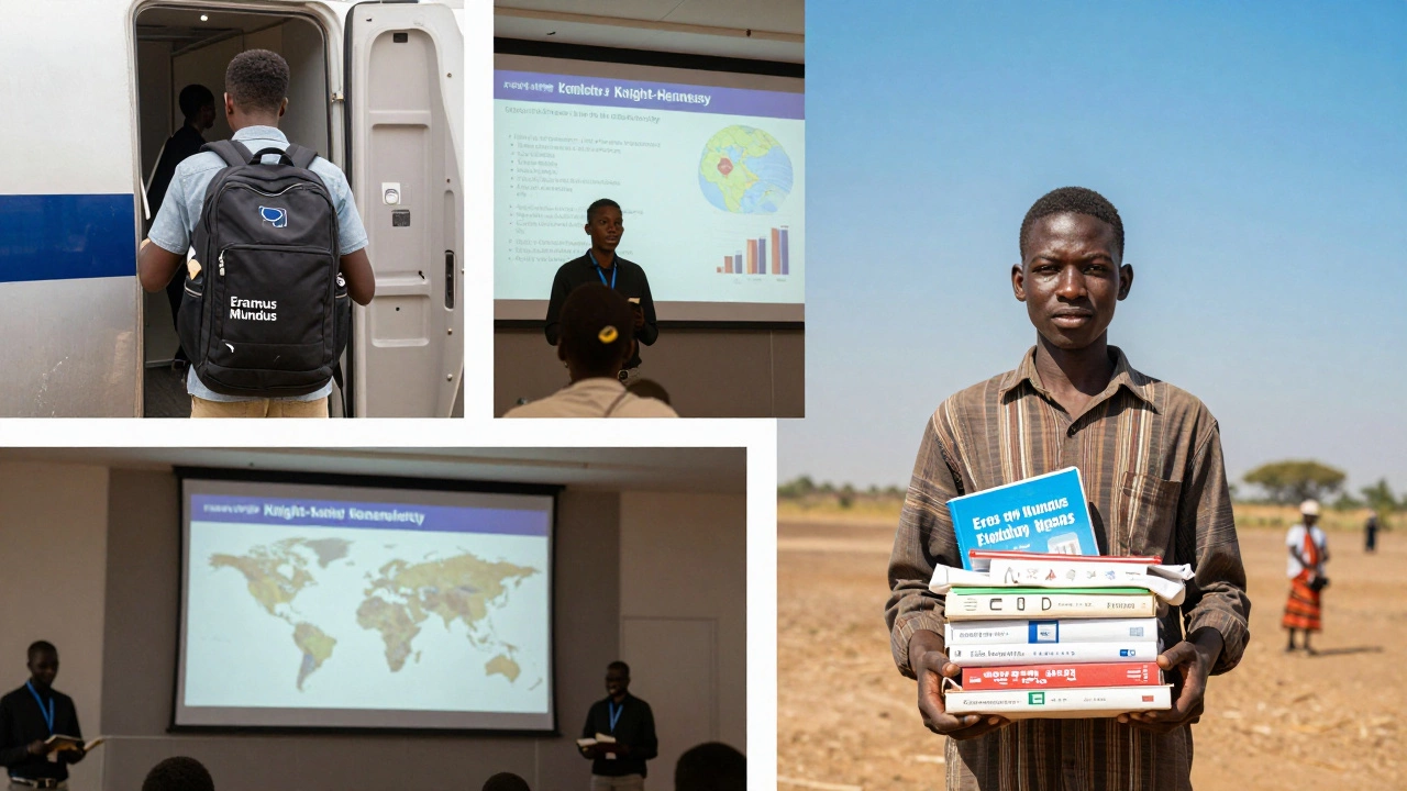 Three scenes: a student boarding a plane, presenting research at a conference, and returning to a village with educational supplies.