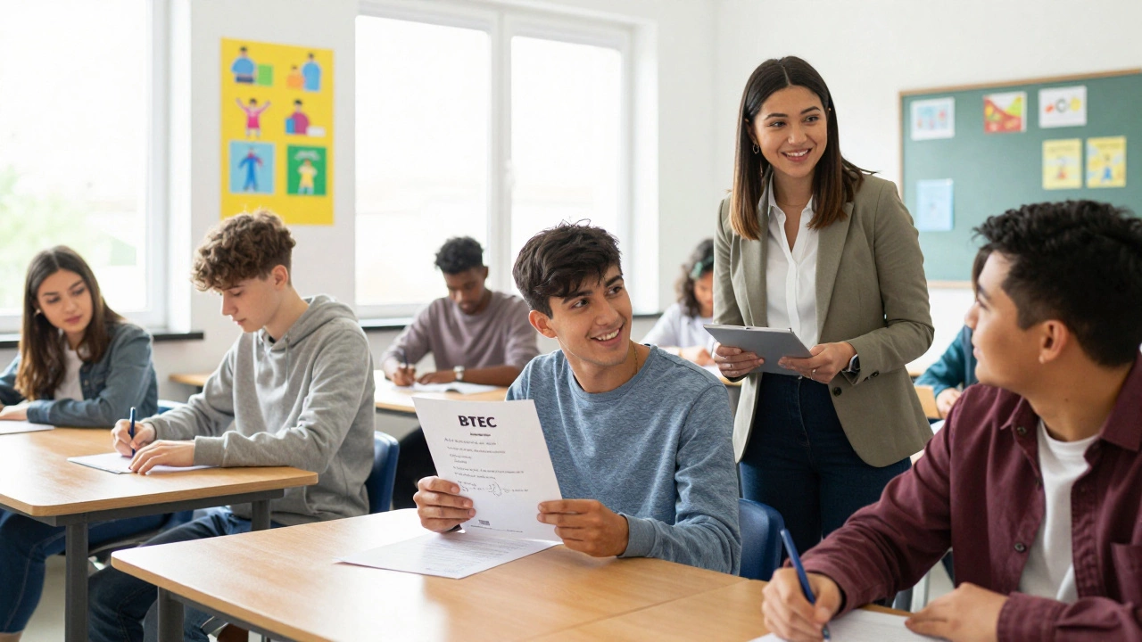 Young adults learning in a college classroom with a tutor and careers advisor nearby.