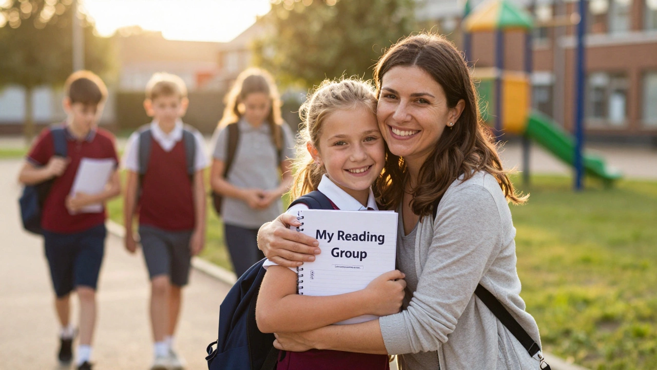A girl hugs her mother outside school, holding a notebook labeled 'My Reading Group' — no stigmatizing labels.