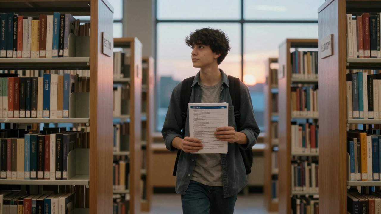 A student walking through a library holding a GCSE revision checklist, sunlight streaming through windows.