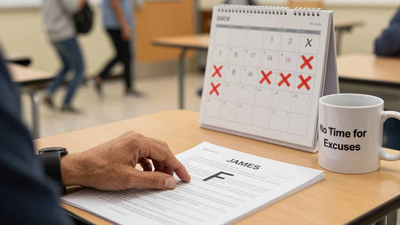 A teacher placing a failing quiz on a desk with a marked calendar showing compressed summer school days.