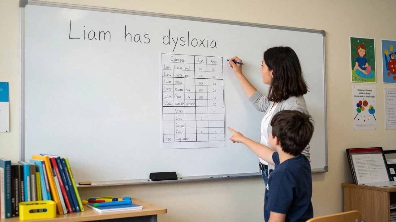 A teacher writing 'Liam has dyslexia' on a whiteboard while a student engages confidently with learning materials.