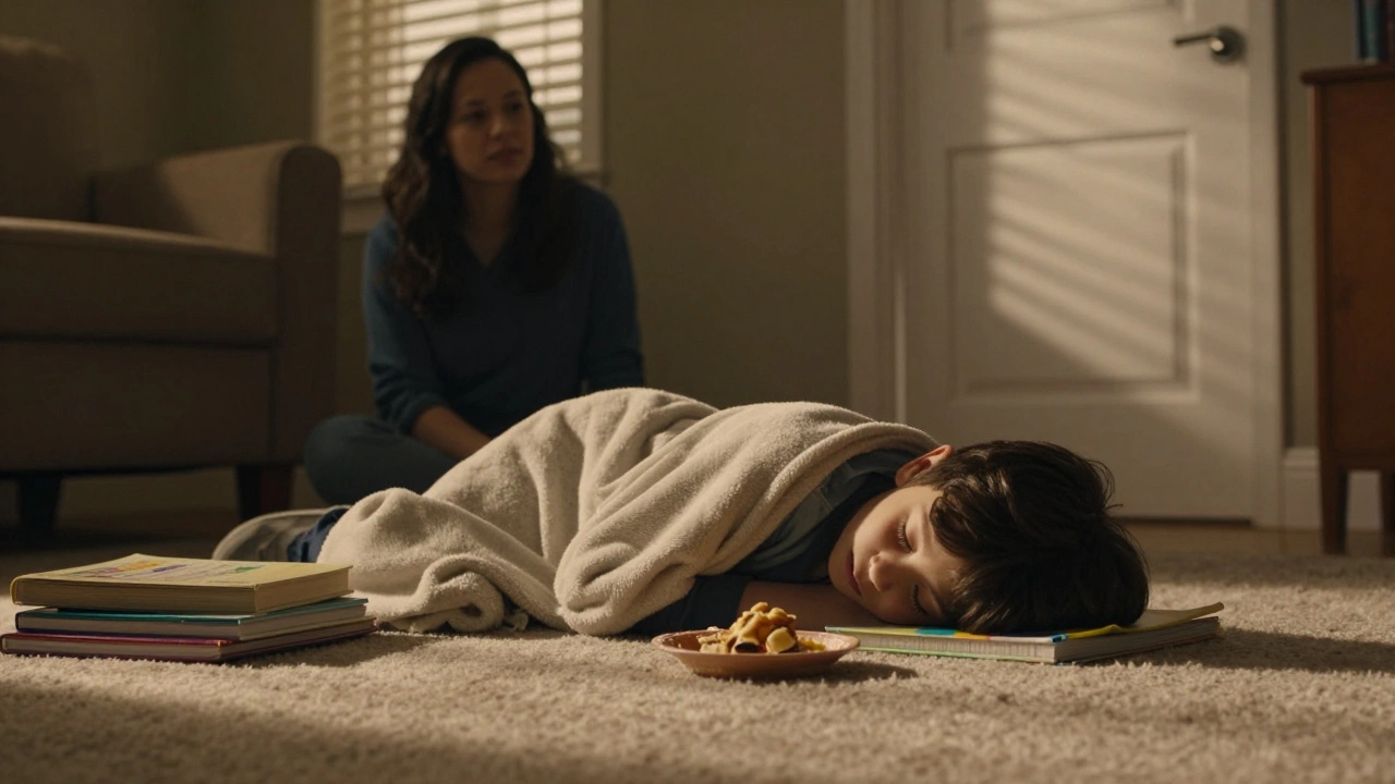 A tired child resting on the floor after school, parent watching nearby.
