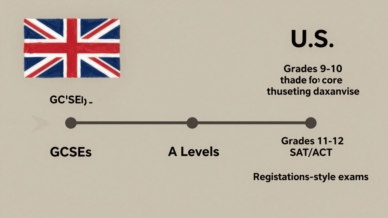 A visual timeline comparing UK GCSE and A Level education stages with U.S. high school grades 9 through 12.