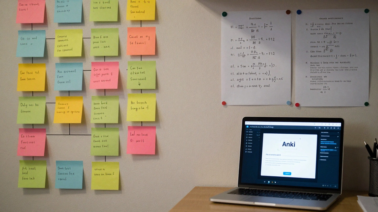 A wall covered in colorful revision notes, past papers, and a laptop displaying a flashcard app.