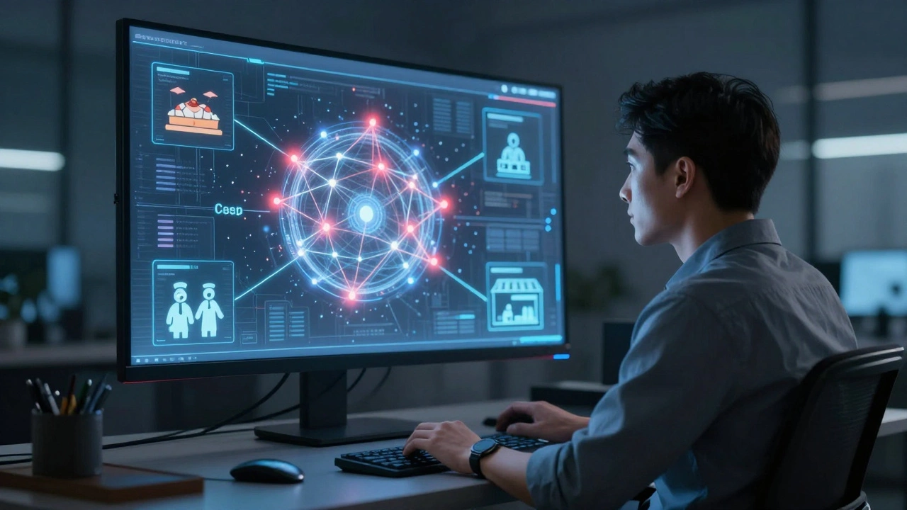 Cybersecurity expert monitoring a secure network map with threat indicators being resolved, surrounded by small business icons.