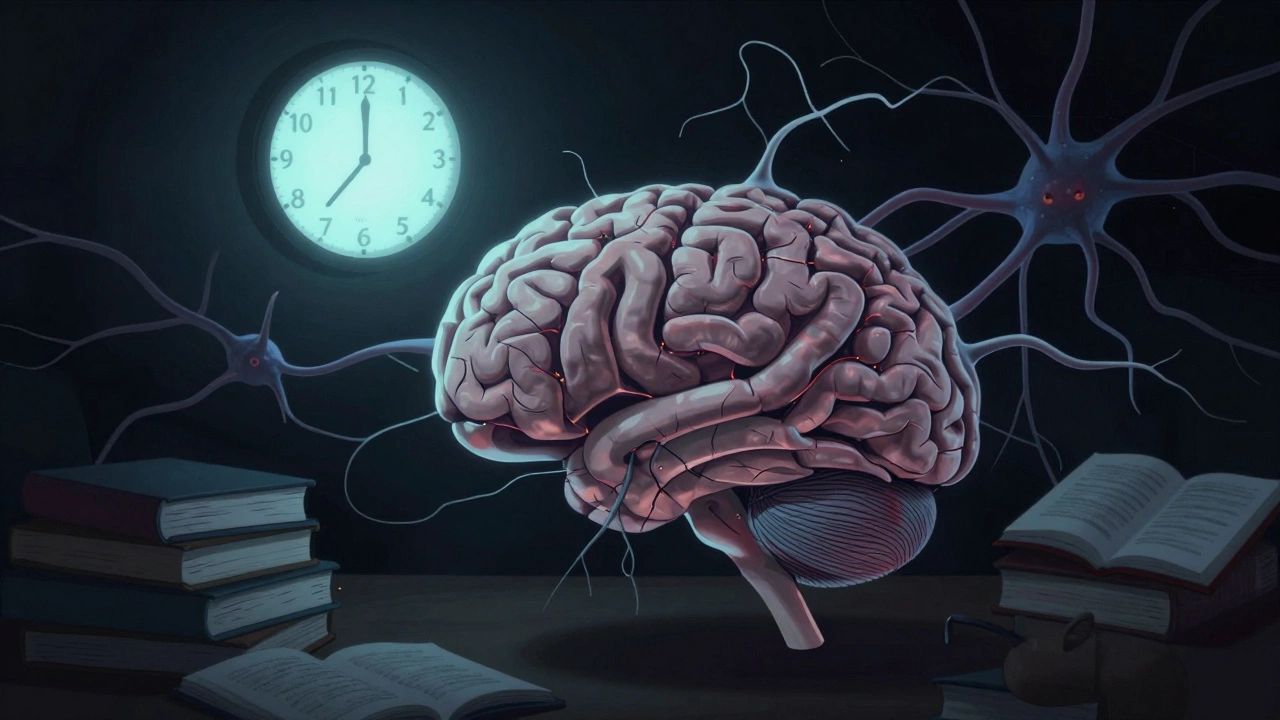 Fragmented brain during all-nighter study session.