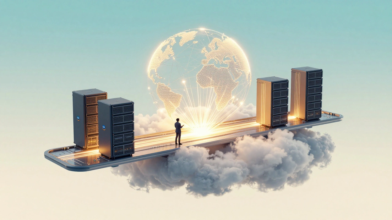 Glowing cloud infrastructure forming a bridge between a small business and global systems, symbolizing cost efficiency.