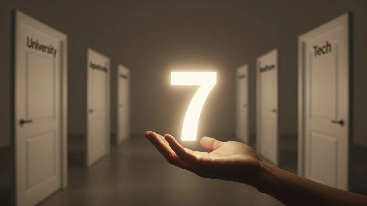 Glowing grade 7 illuminates multiple career path doors in a dim room.