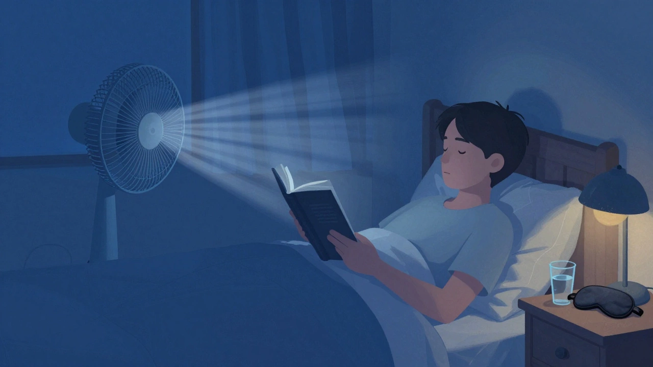 Person reading in cool, dark bedroom for sleep hygiene.