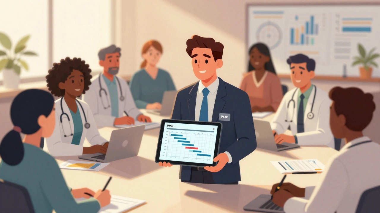 PMP-certified manager leading a diverse team in a project war room with digital charts.