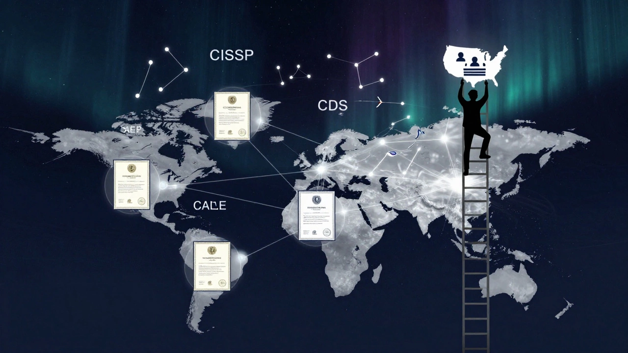 Silhouette climbing a certificate ladder under a global network of salary constellations.